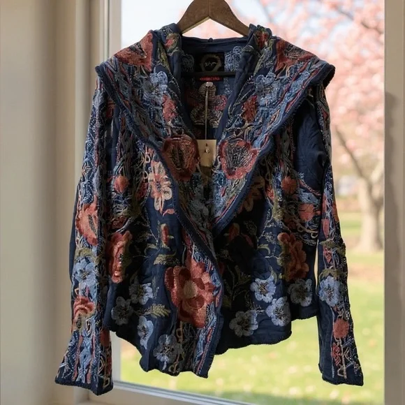 Johnny Was metallic thread Syelles Embroidered
Hoodie Jacket Indigo NWT RARE - Picture 2 of 16